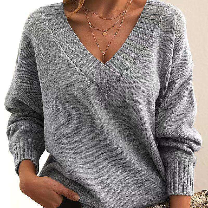 Solid V-neck Sweater Fashion Loose Long-sleeved Knitted Tops Autumn And Winter Women's Clothing Meifu Market