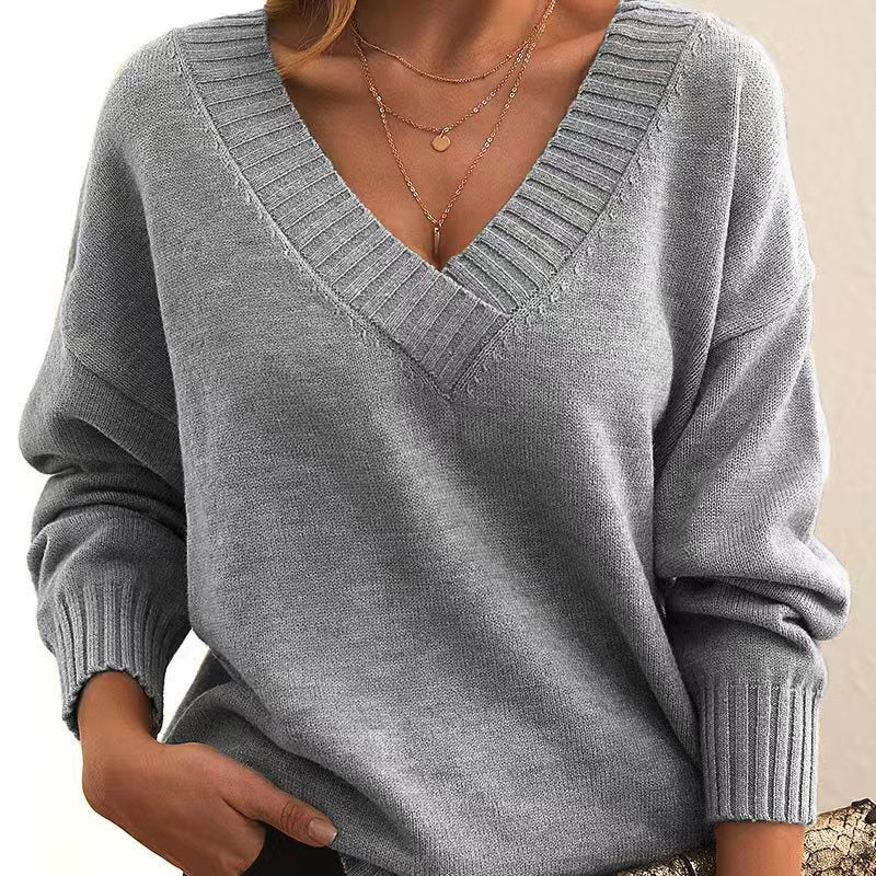 Solid V-neck Sweater Fashion Loose Long-sleeved Knitted Tops Autumn And Winter Women's Clothing Meifu Market