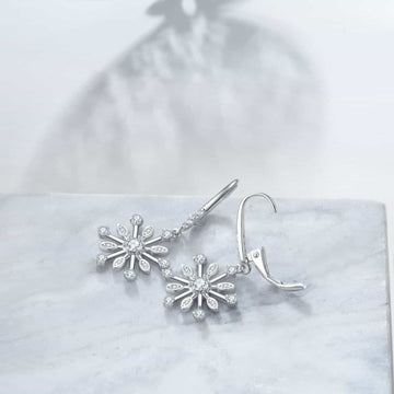 Sterling Silver Zirconia Snowflake Leverback Dangle Drop Earrings Jewelry 