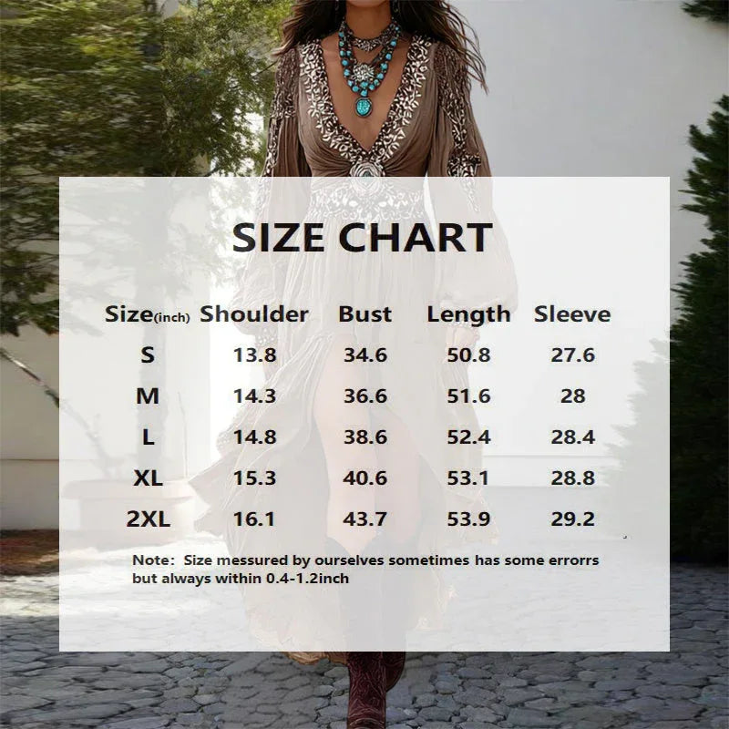 Women's Patchwork V-Neck Dress With Puff Sleeves & Asymmetric Hem, Western Style Flowy Boho Long Dress For Spring Fall Meifu Market