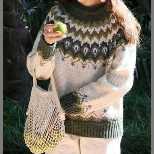 Round Neck Pullover Jacquard Vintage Print Sweater Meifu Market