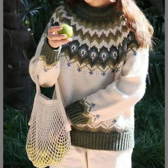 Round Neck Pullover Jacquard Vintage Print Sweater Meifu Market