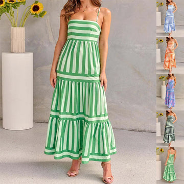summer striped maxi dress | backless beach dress with pockets | square neck long dress | ultrasonic cleaning
