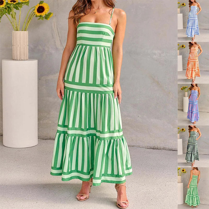 summer striped maxi dress | backless beach dress with pockets | square neck long dress | ultrasonic cleaning