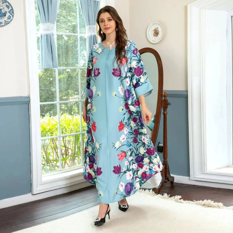 rhinestone print maxi dress | long sleeve positioning print robe | muslim women prayer dress | energy saving