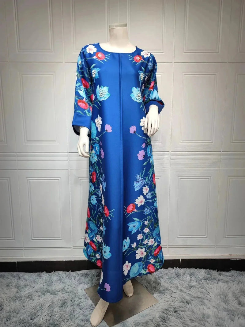 rhinestone print maxi dress | long sleeve positioning print robe | polyester chiffon muslim dress | energy saving