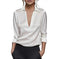 Elegant Women's V-Neck Long Sleeve Blouse With Satin Sheen Solid Color Formal Shirt For Spring Fall Meifu Market