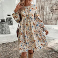 Women's Floral Print Boho Dress, Round Neck Smocked Cuff Sleeve Midi Dress With Patchwork Design For Spring And Fall Meifu Market