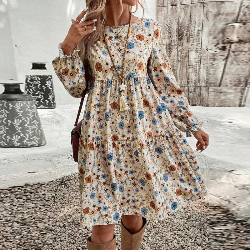 Women's Floral Print Boho Dress, Round Neck Smocked Cuff Sleeve Midi Dress With Patchwork Design For Spring And Fall Meifu Market