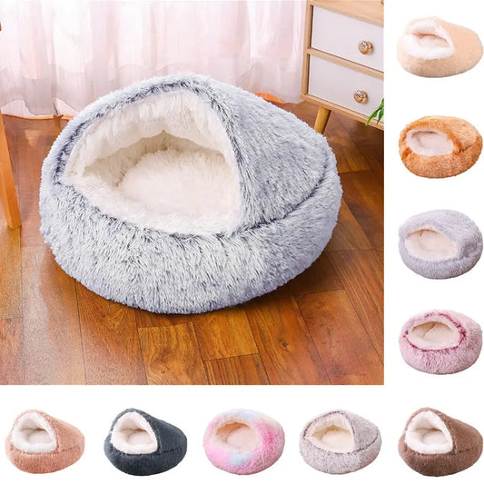 Plush Round Pet Bed - Semi-Enclosed Deep Sleep Bed for Cats & Dogs