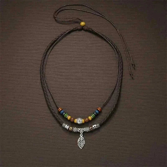 retro ceramic beaded necklace | hollow leaf pendant necklace | layered boho necklace for women | energy saving