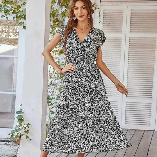 ruffle cap sleeve dress | v-neck wrap belt dress | boho floral maxi dress | ultrasonic cleaning