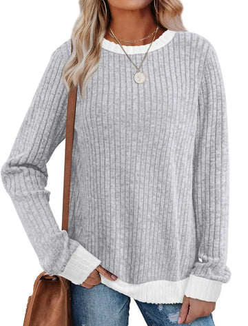 Color Matching Casual Round Neck Pullover Long Sleeve Top