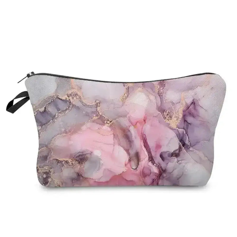 marble pattern makeup bag | vegan leather cosmetic organizer | waterproof interior lining | ultrasonic cleaning