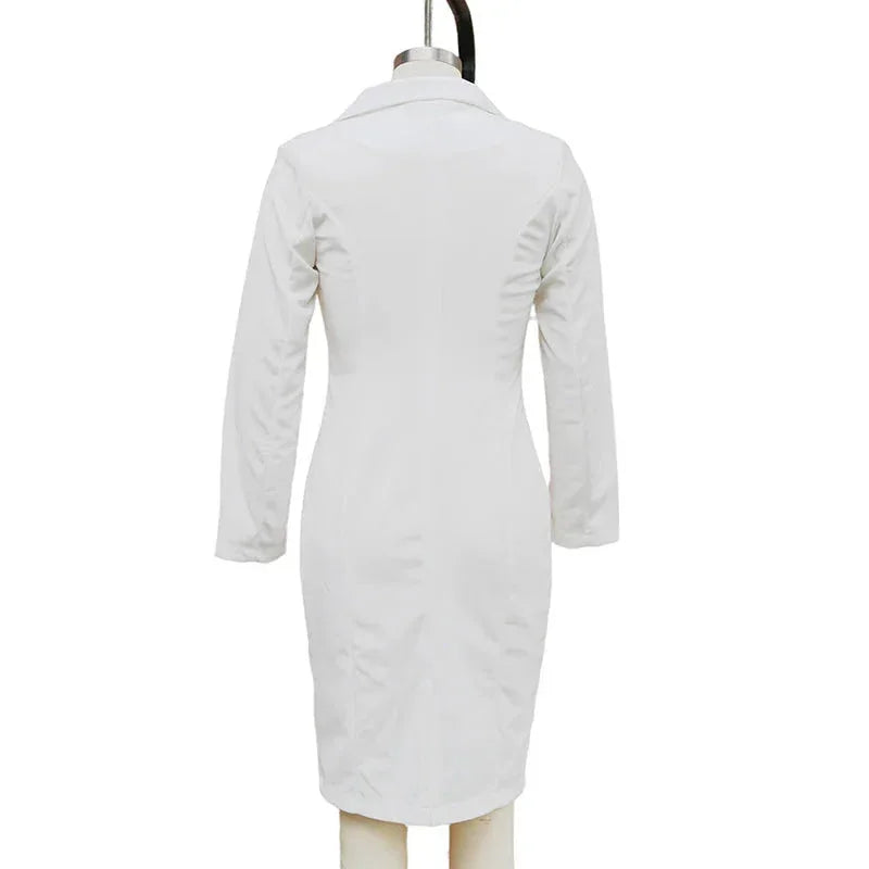 notch lapel midi dress | button front office dress | long sleeve formal wear | ultrasonic cleaning