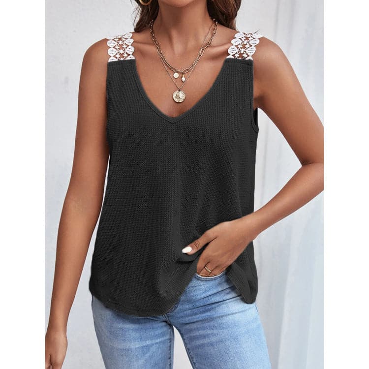 Waffle V-Neck Vest Sleeveless Lace Tank Shirt Tops Summer 