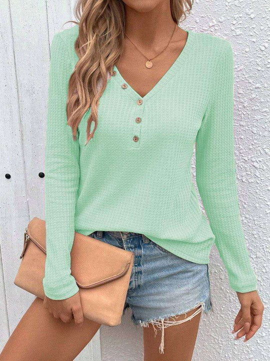 Waffle V-neck Buttons Long Sleeve T-shirt Meifu Market