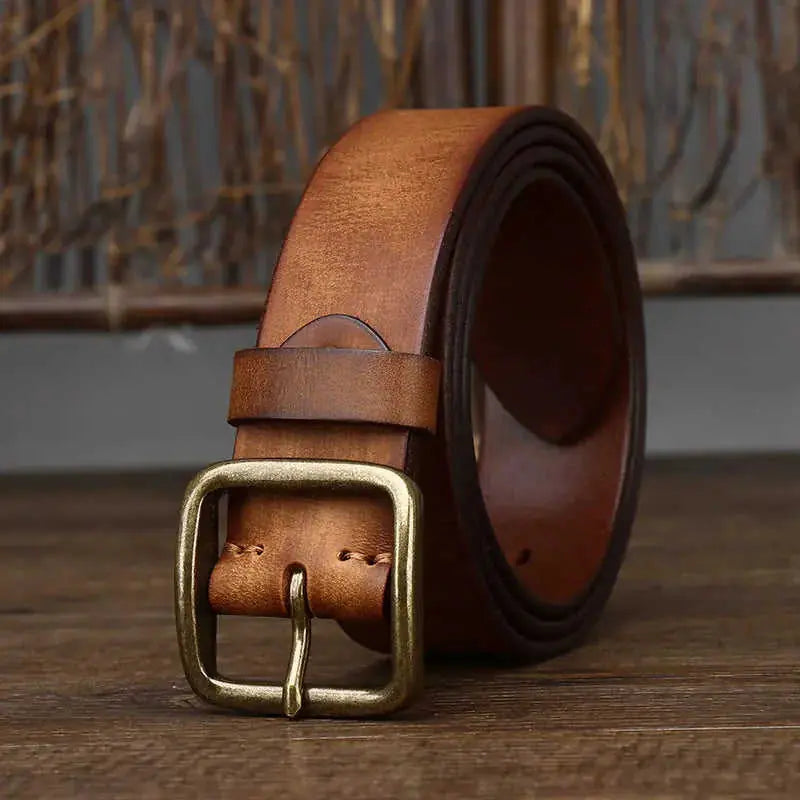 Fashion Pin Buckle Pure Copper Men's Cowhide Vintage Belt 125cm - front view 0
