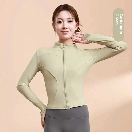 quick-dry fabric | breathable yoga jacket | moisture-wicking material | ultrasonic cleaning
