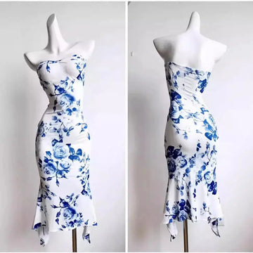 Chinese Print Tube Top Dress Blue And White Porcelain Sheath Fishtail Skirt
