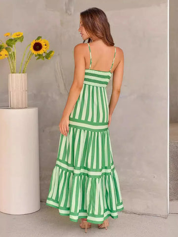 summer striped maxi dress | backless beach dress with pockets | square neck long dress | energy saving