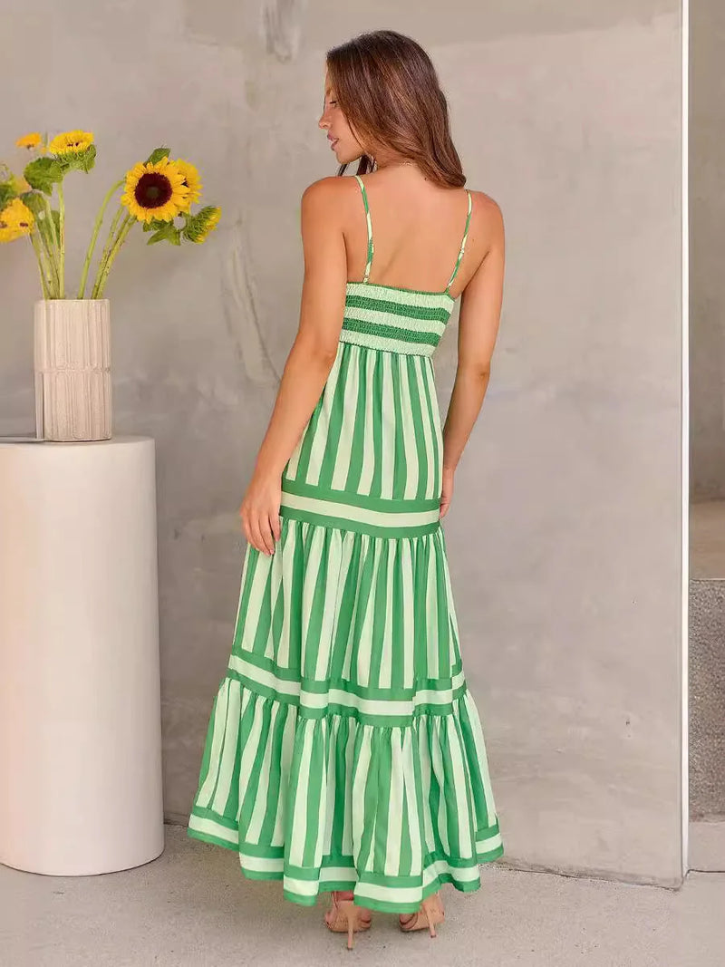 summer striped maxi dress | backless beach dress with pockets | square neck long dress | energy saving