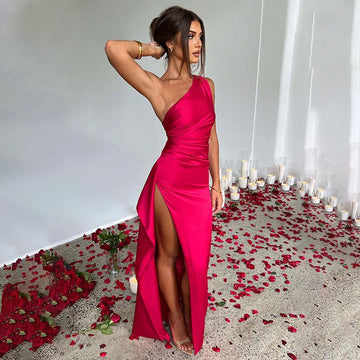 sexy one-shoulder dress | backless slit dress | summer satin dress | energy saving
