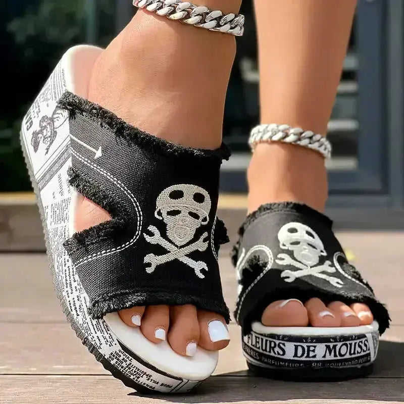 Newspaper Skull Original Hem Platform Wedge Slides - Anklet Not Included Meifu Market