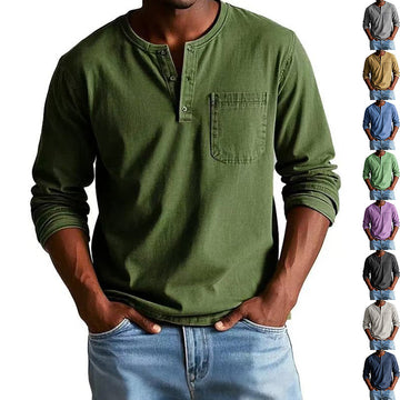 V-neck Long-sleeved T-shirt With Button Design Fashion Casual Solid Color Pullover Top Men's Clothing Meifu Market