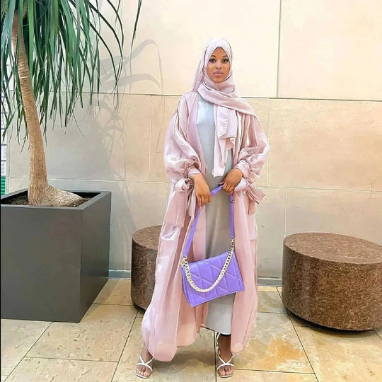 lace-up satin cardigan robe | open front abaya with bow | lily satin kimono robe | energy saving