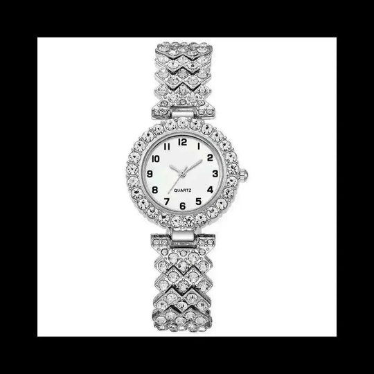 2-Piece Women's Watch & Bracelet Set - Luxury Fashion Jewelry Gift Set with Silver Strap Quartz Watch Gold - side view sho...