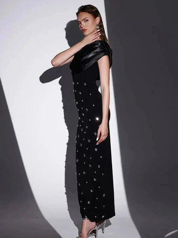off-shoulder evening dress | black diamond evening gown | formal event dress | energy saving