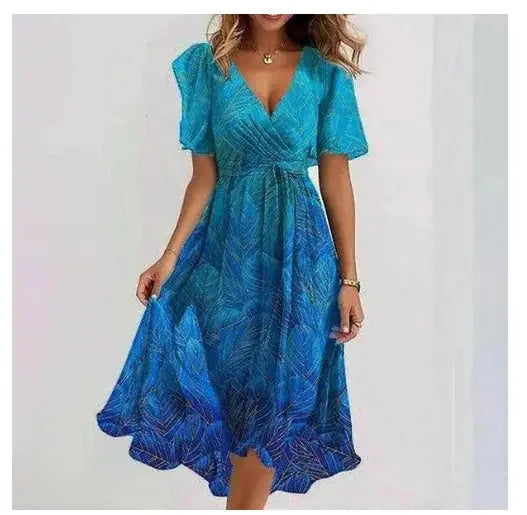 chiffon fabric dress | floral printed summer dress | v-neck short sleeve dress | energy saving
