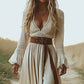 Boho Chic Maxi Dress, Women's Vintage-Inspired Lace Trim With Deep V-Neck Elegant Dress, No Belt Included Meifu Market