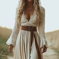 Boho Chic Maxi Dress, Women's Vintage-Inspired Lace Trim With Deep V-Neck Elegant Dress, No Belt Included - Meifu Market