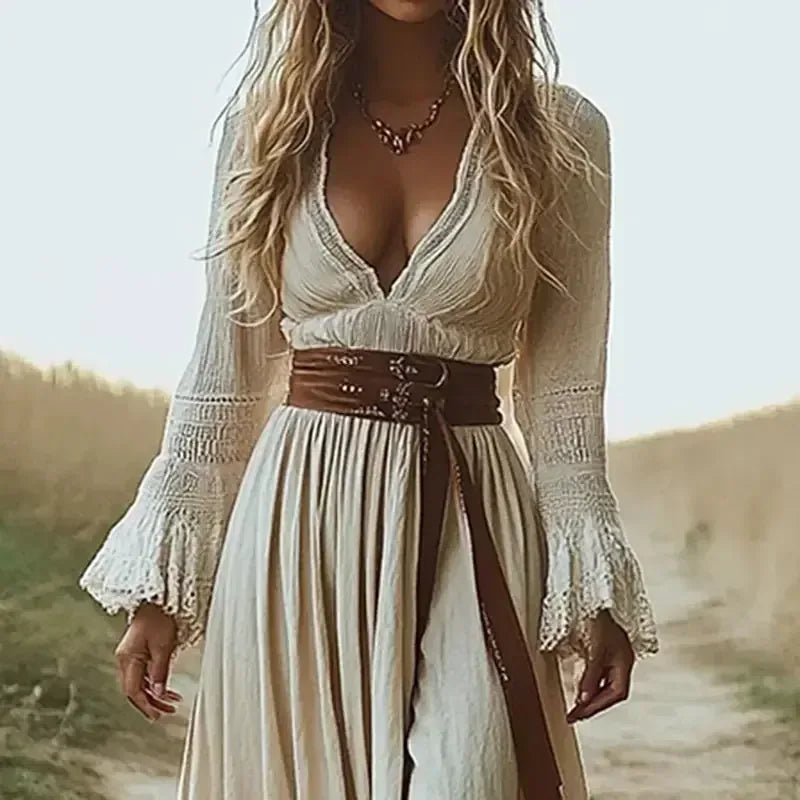 Boho Chic Maxi Dress, Women's Vintage-Inspired Lace Trim With Deep V-Neck Elegant Dress, No Belt Included - Meifu Market
