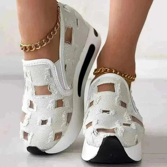 hollow out canvas shoes | 6cm heel height | breathable mesh flats | ultrasonic cleaning