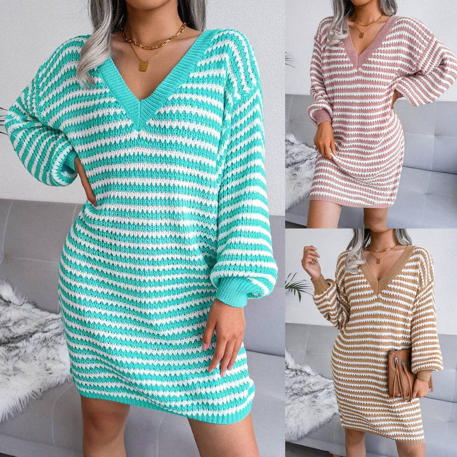 Ins Striped Sweater Dress V-neck Long Sleeve Dresses For Women Meifu Market