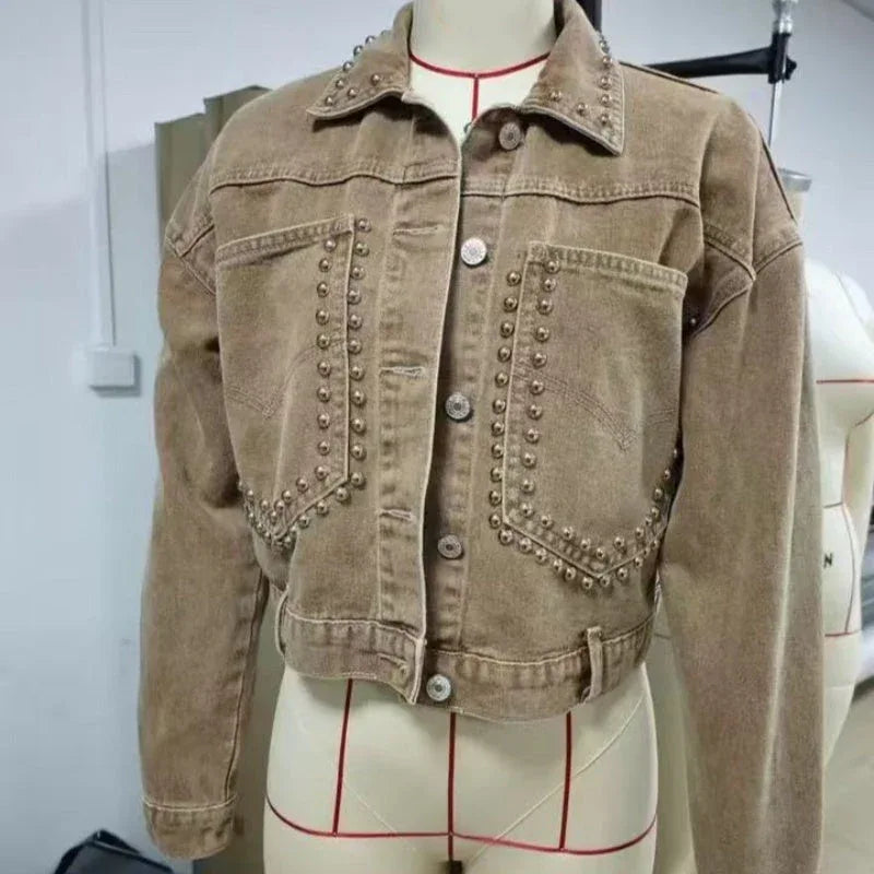 Women's Long Sleeve Rivet Studded Denim Jacket Casual Cropped Short Jean Coat Meifu Market
