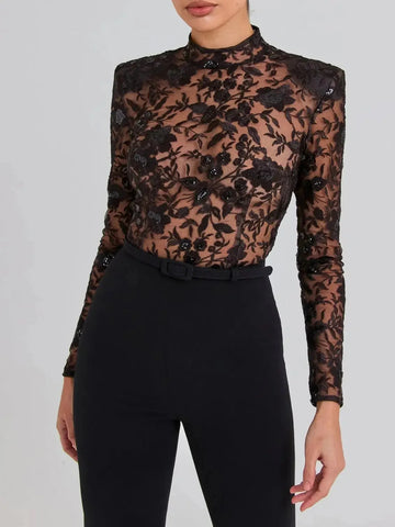 see-through lace jumpsuit | black lace long-sleeved jumpsuit | stretchy lace bodysuit | energy saving