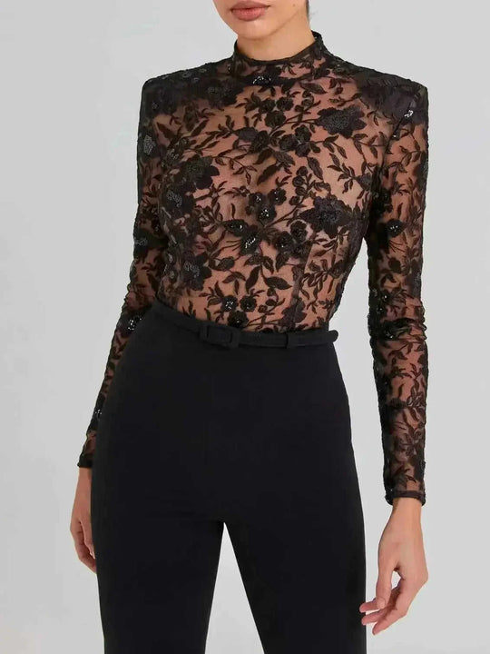 Black See-through Lace Long-sleeved Trousers Jumpsuit Black - alternative view