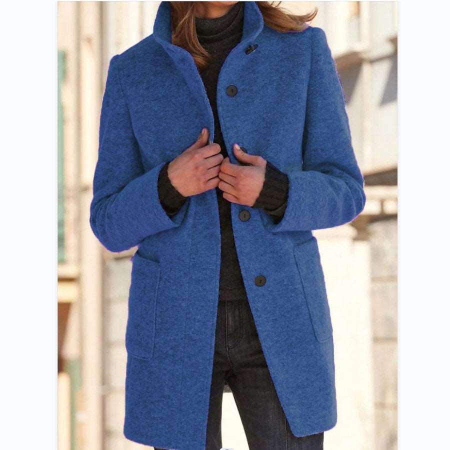 Fashion Stand Collar Woolen Coat With Pockets Fall Winter Casual Button Outwear For Women Clothing Meifu Market