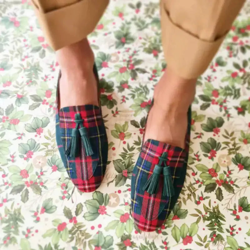 Leather Women's Square Head Checked Cloth Tassel Casual Pumps Meifu Market