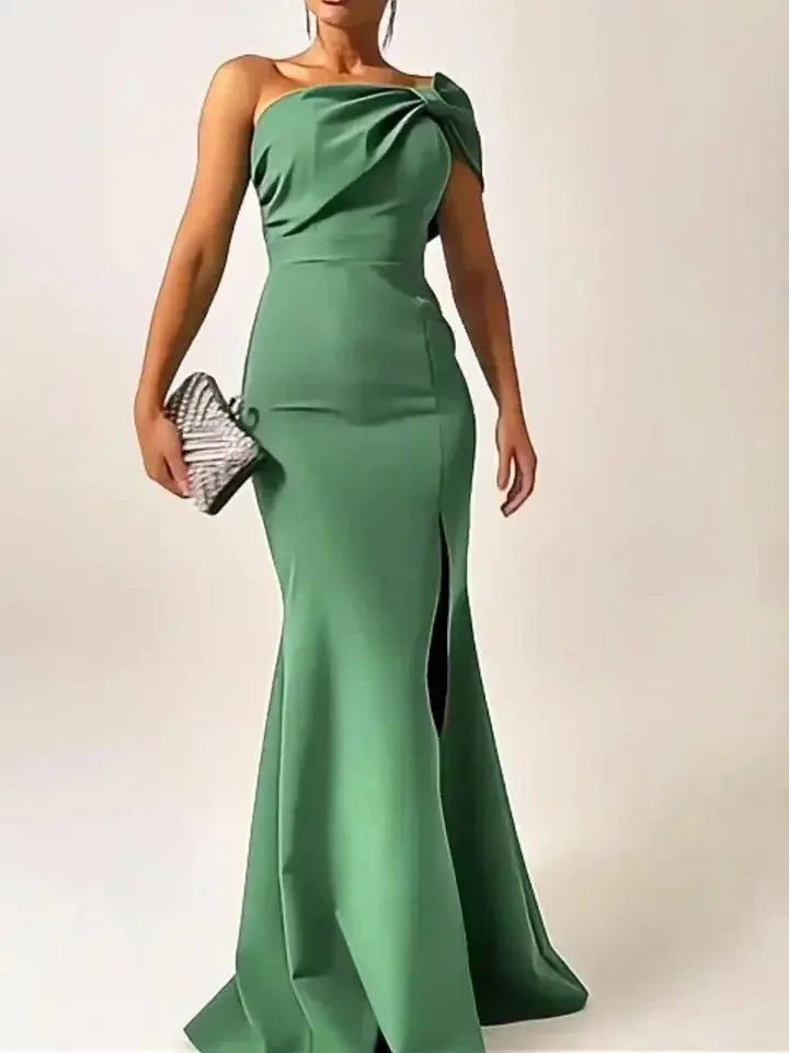 green satin tube dress | adjustable fit evening gown | stretchy fabric cocktail dress | energy saving