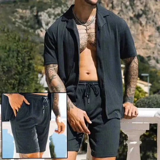 quick-dry fabric shorts set | linen blend summer suit | mens matching shirt shorts set | energy saving