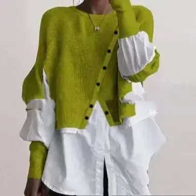 Crew Neck Long Sleeve Knitted Multi-color Patchwork White Shirt Women's Meifu Market