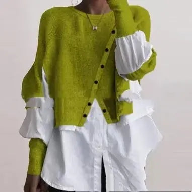 Crew Neck Long Sleeve Knitted Multi-color Patchwork White Shirt Women's Meifu Market