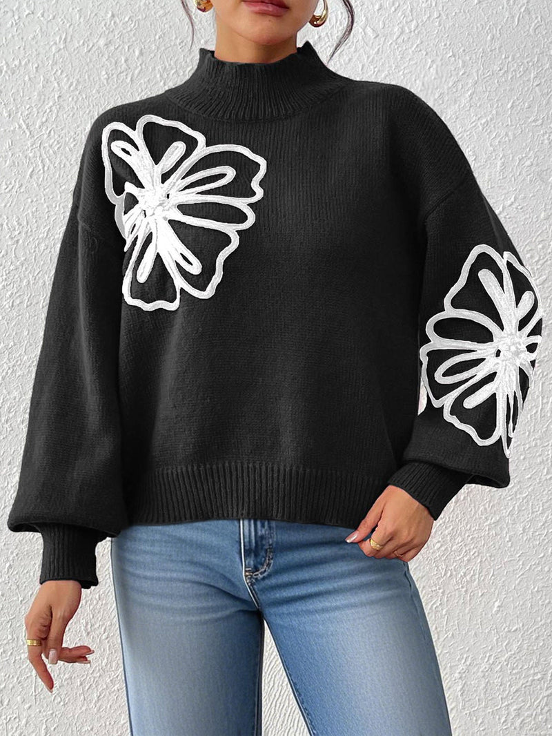 Women's Three-dimensional Ribbon Embroidery Flower Mock Neck Sweater Meifu Market