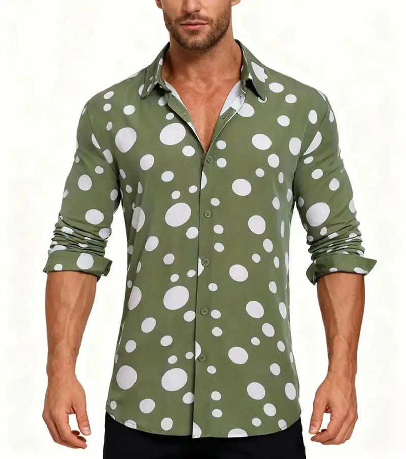 long sleeve polka dot shirt | cotton blend casual shirt | mens button down shirt | energy saving