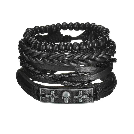 braided leather bracelet for men | vintage charm wood beads | adjustable wrap wristband | energy saving